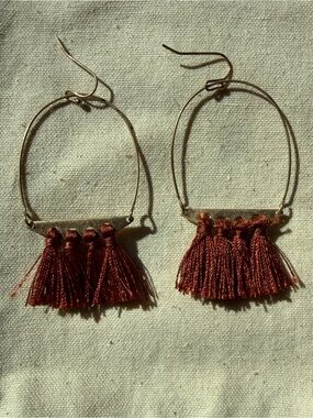 Gold Brass Tone Hoop Earrings Rust Fringe Tassels Boho Tribal